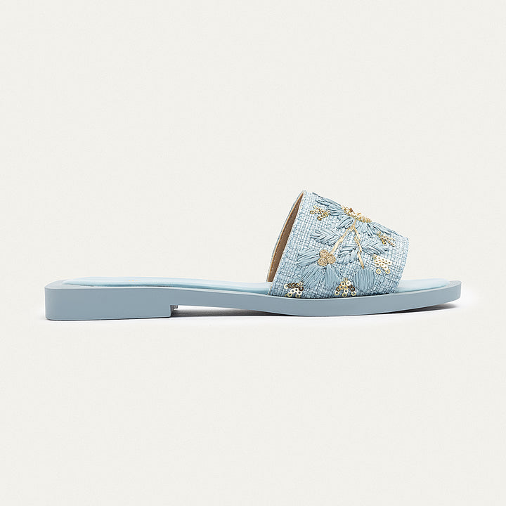 Bloom Embroidered Raffia Slides | Sky Blue