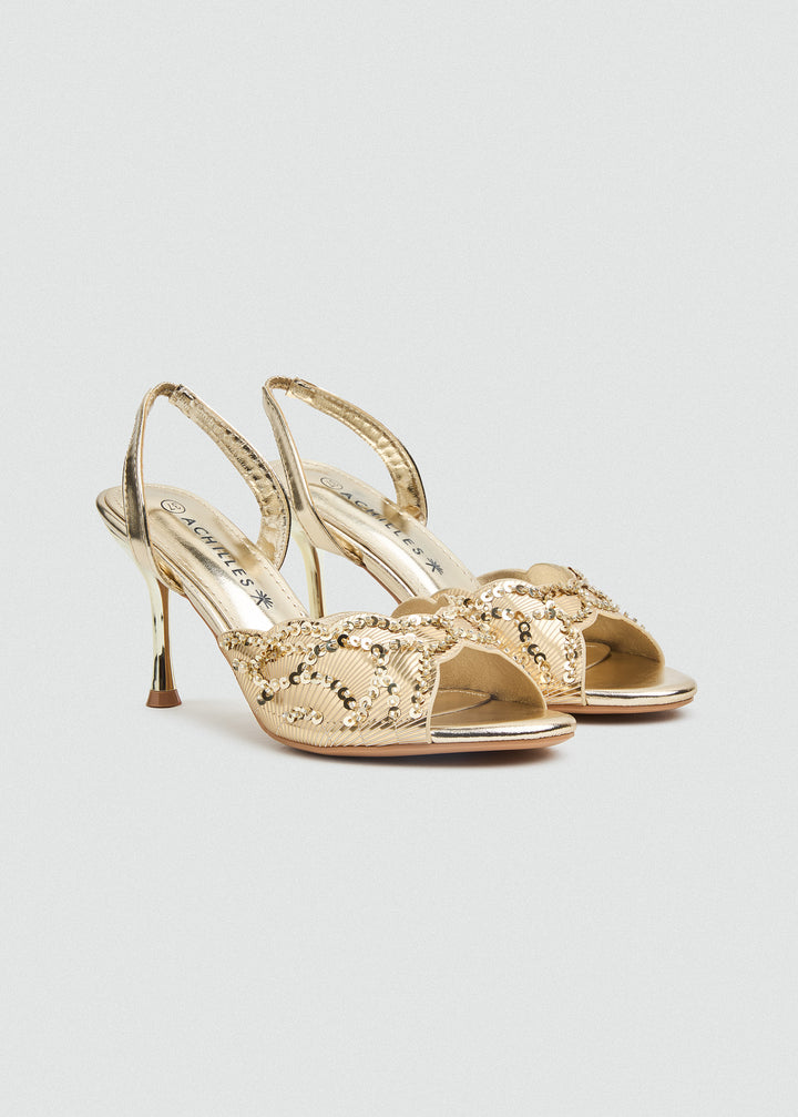 Beaded Lattice Slip-On Heeled Sandals - Gold
