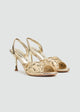 Beaded Lattice Slip-On Heeled Sandals - Gold