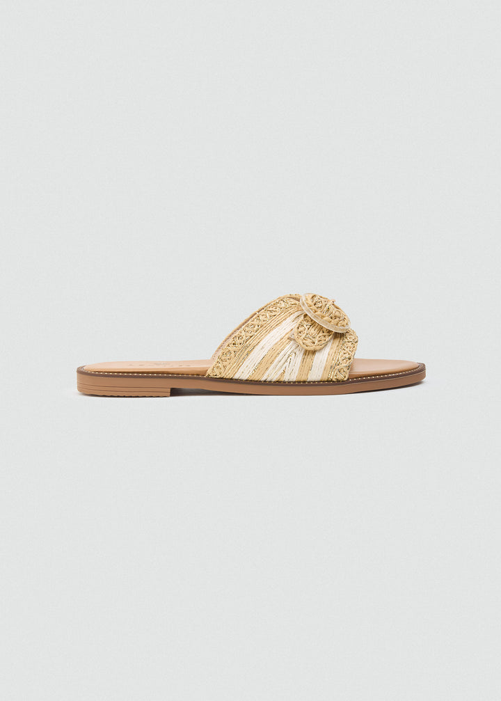Raffia Slides With Round Buckle - Beige