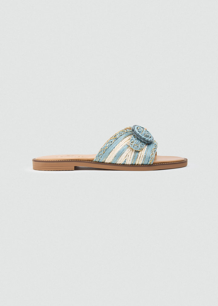 Raffia Slides With Round Buckle - Baby Blue