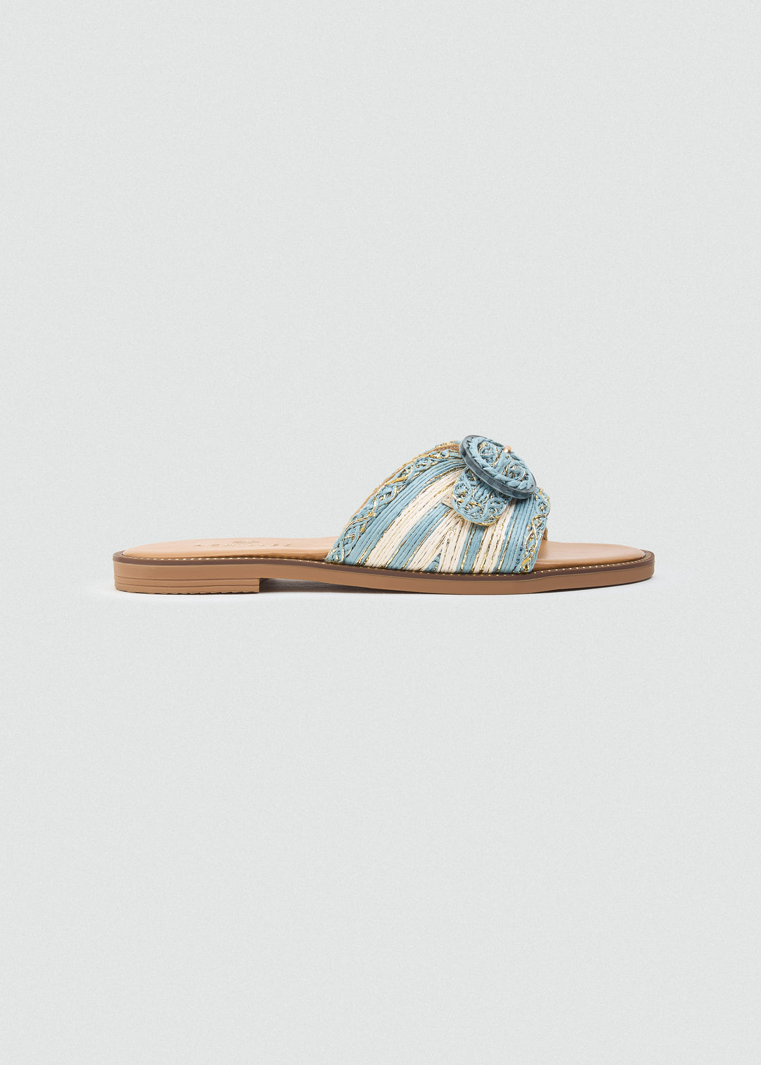 Raffia Slides With Round Buckle - Baby Blue