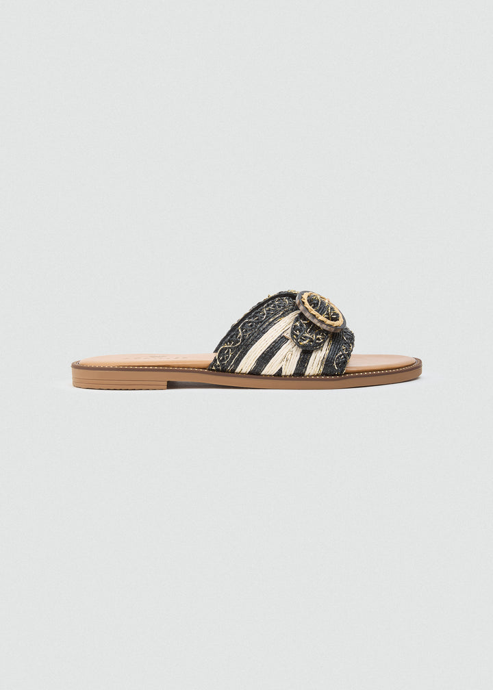 Raffia Slides With Round Buckle - Black