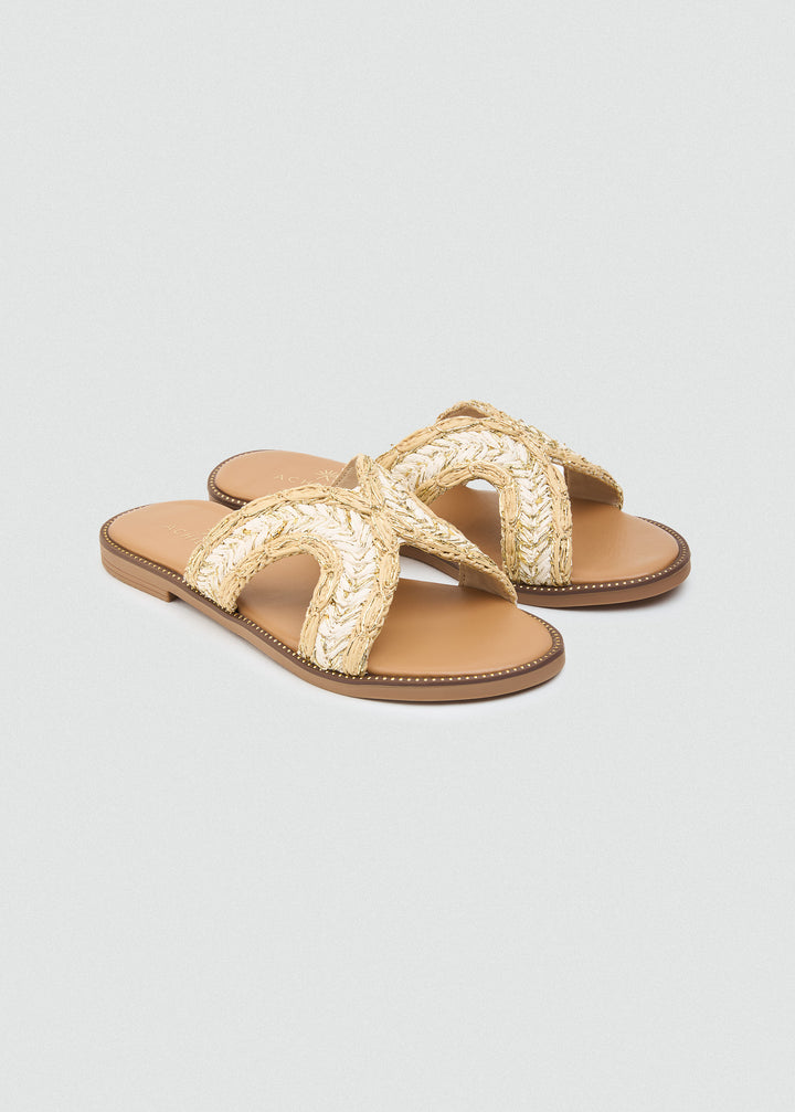 Woven Crossover Flat Slides  - Beige
