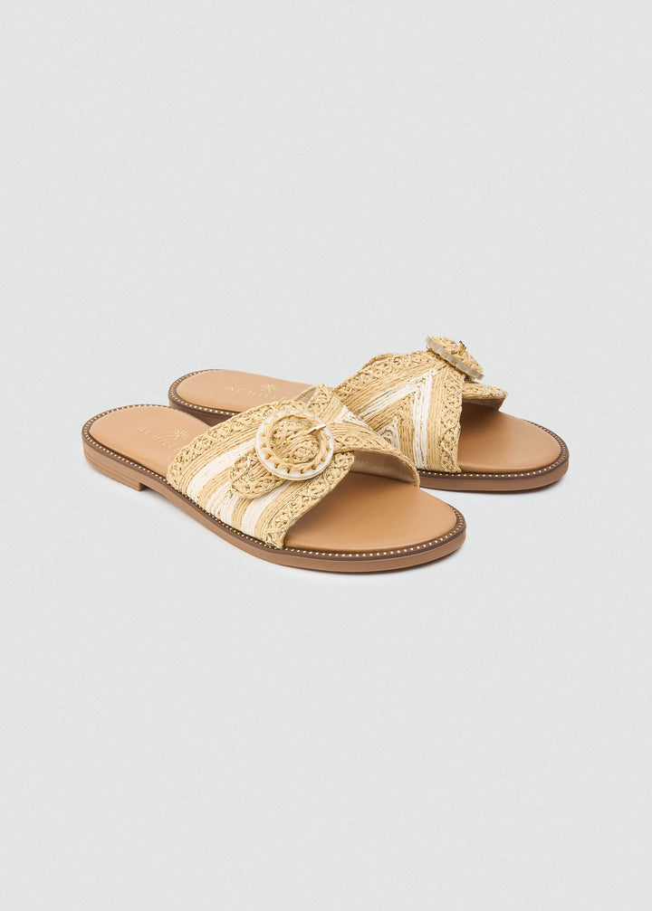 Raffia Slides With Round Buckle - Beige