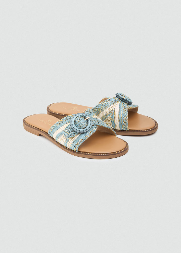 Raffia Slides With Round Buckle - Baby Blue