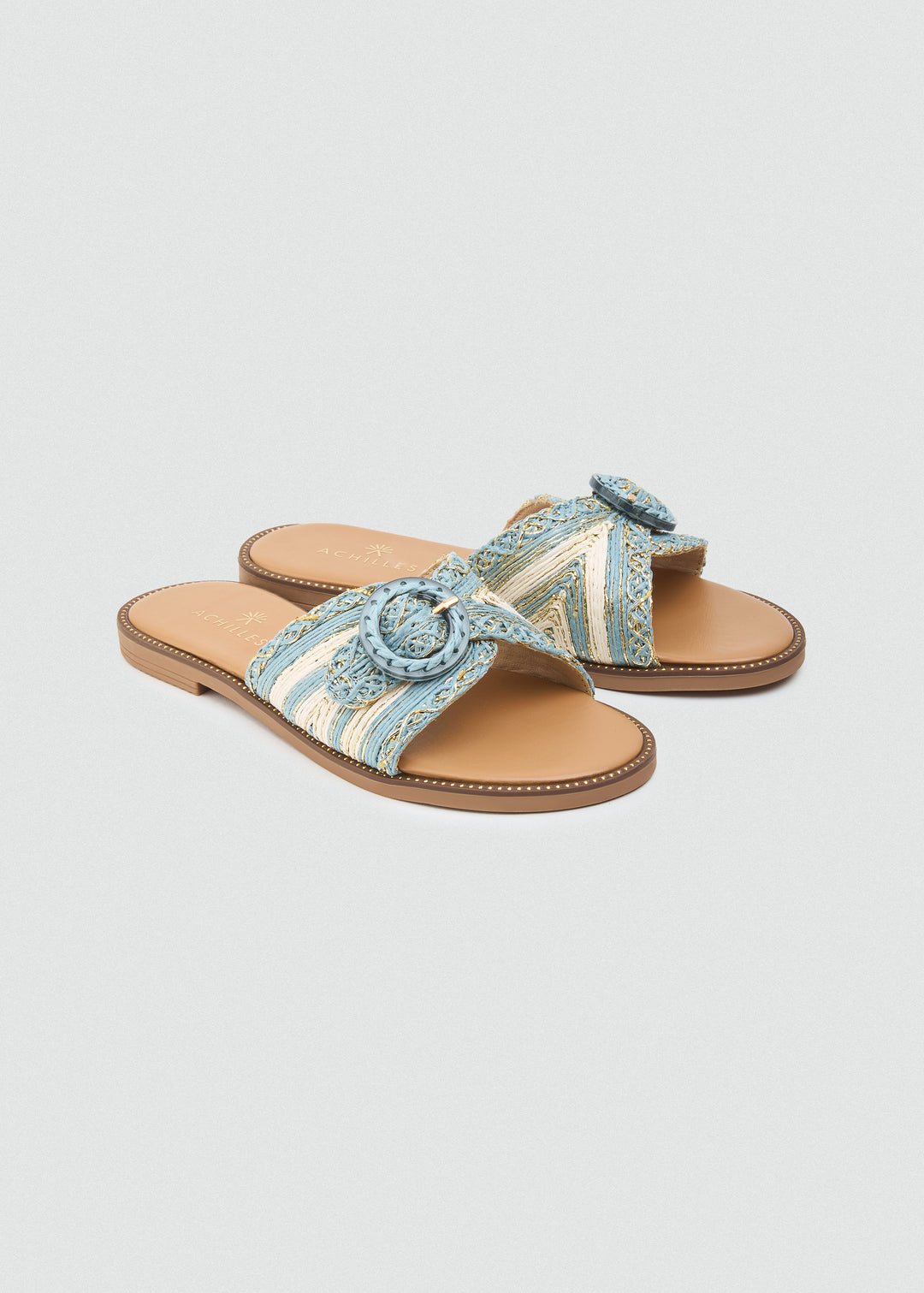 Raffia Slides With Round Buckle - Baby Blue