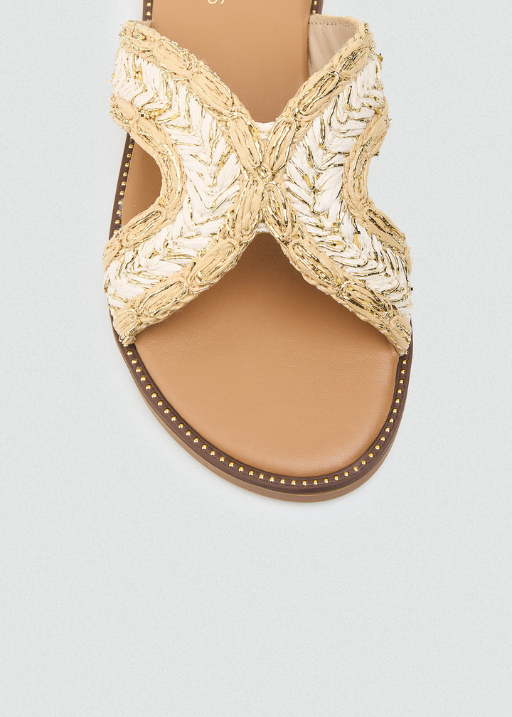 Woven Crossover Flat Slides  - Beige