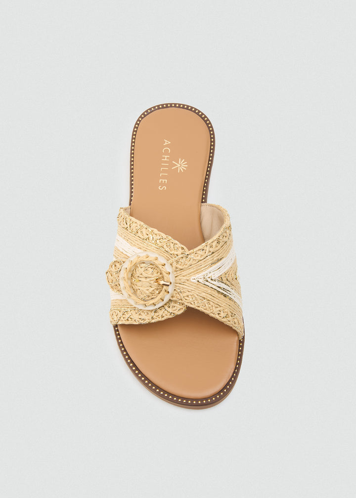 Raffia Slides With Round Buckle - Beige