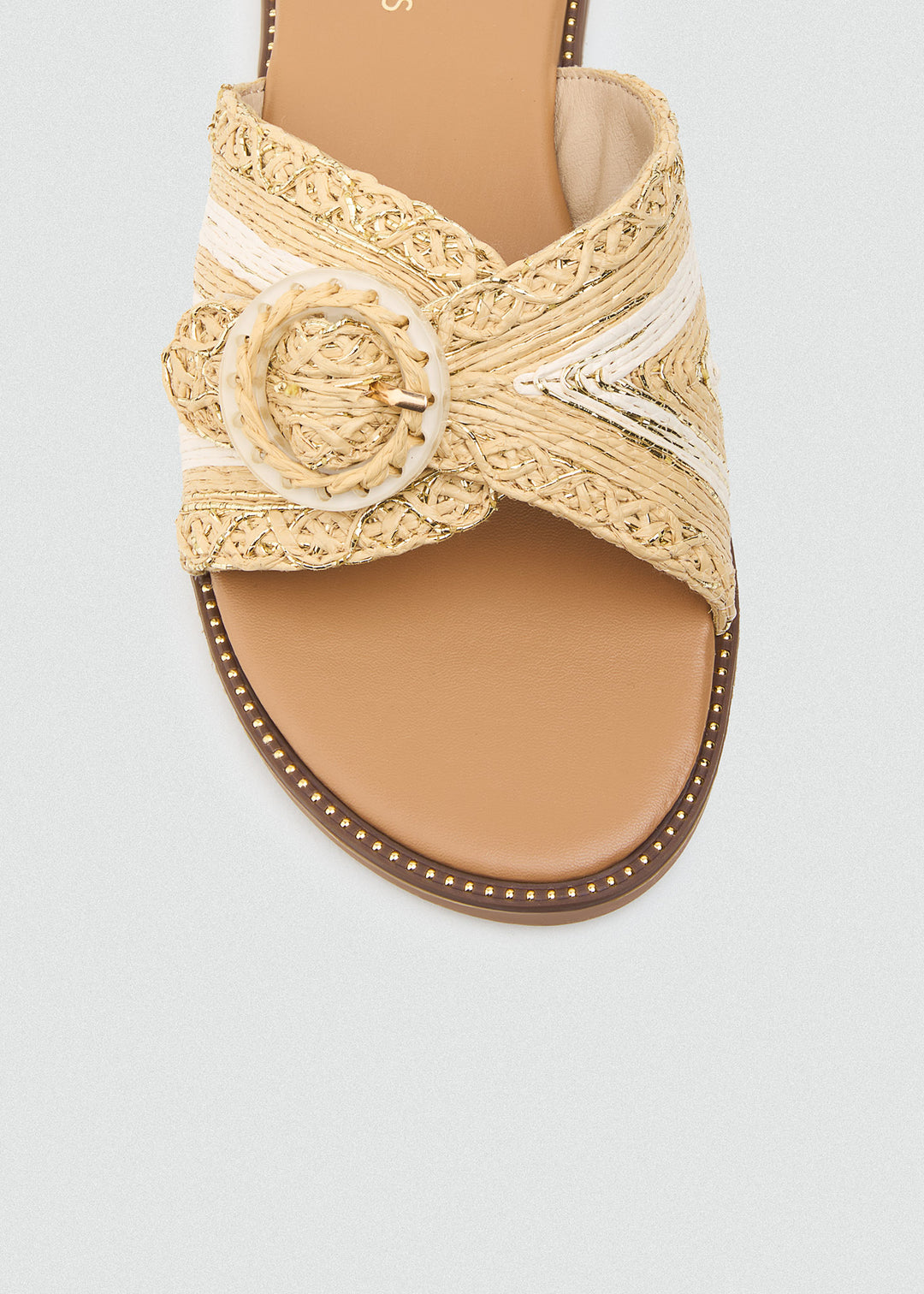 Raffia Slides With Round Buckle - Beige