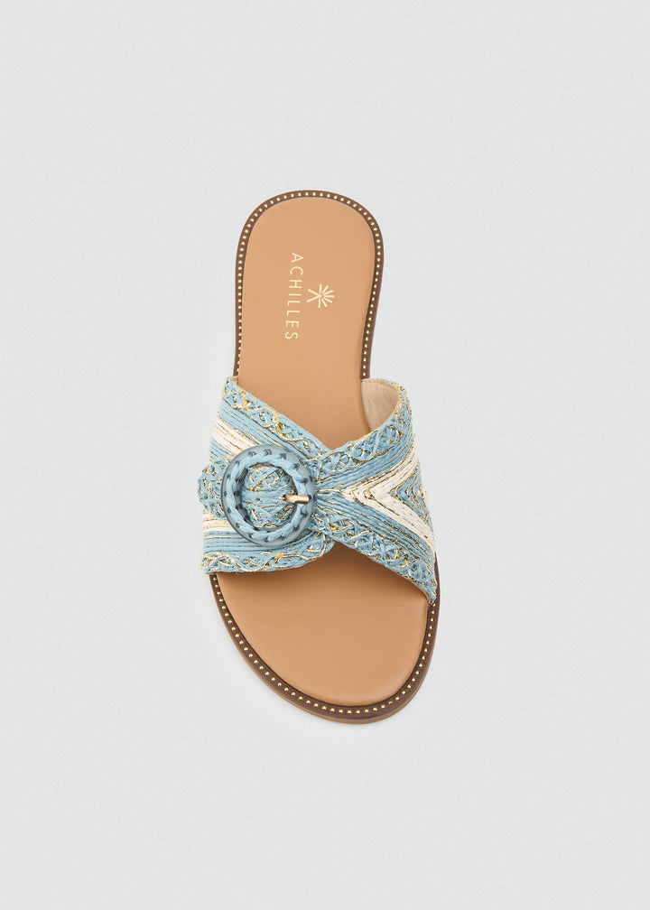 Raffia Slides With Round Buckle - Baby Blue