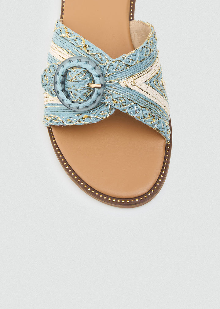 Raffia Slides With Round Buckle - Baby Blue