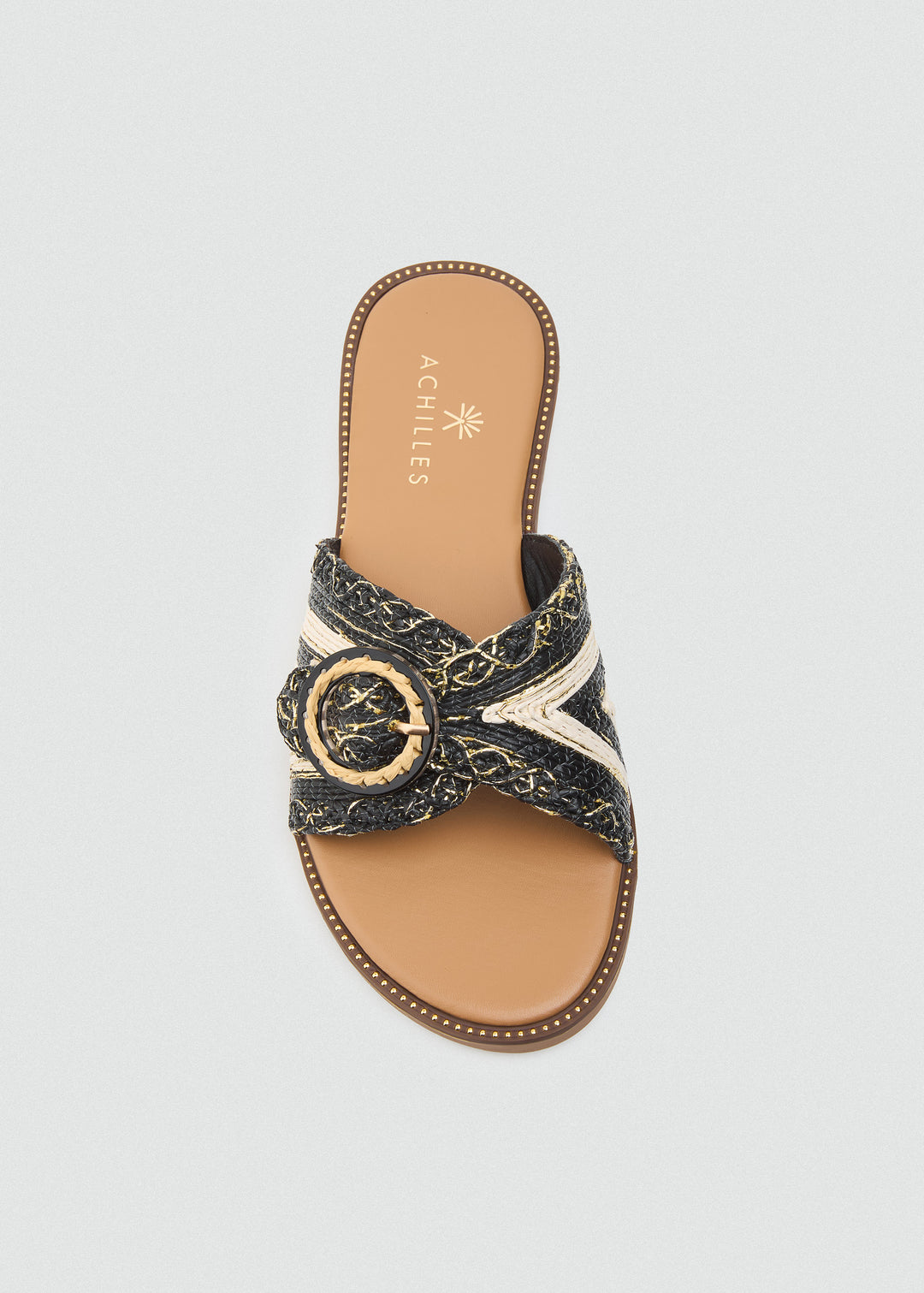 Raffia Slides With Round Buckle - Black