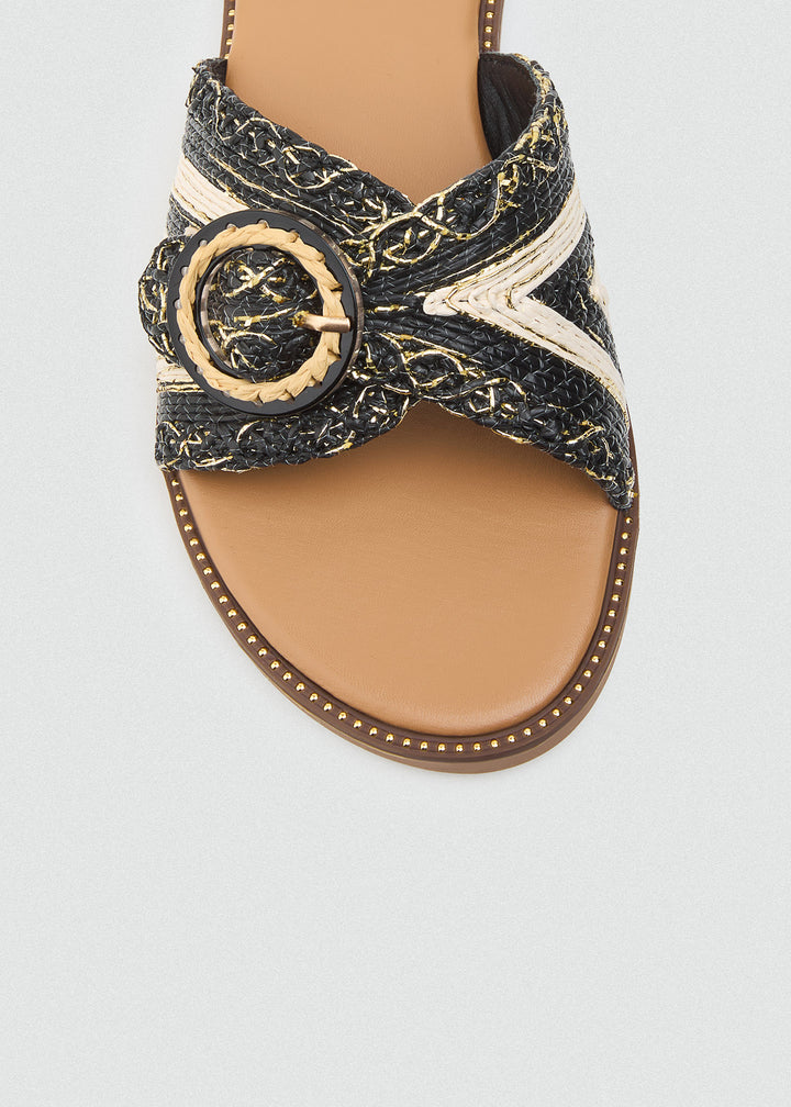 Raffia Slides With Round Buckle - Black