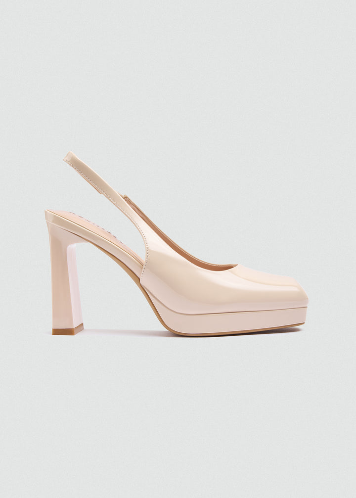 Patent Kitten Slingback Pumps - Beige