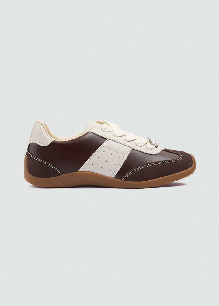 Rhinestone Buckle Retro Sneakers - Brown