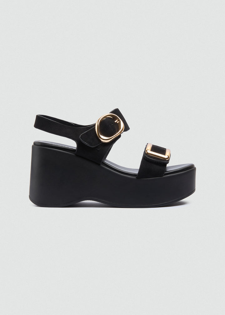 Suede Wedge Dual Gold Buckles - Black