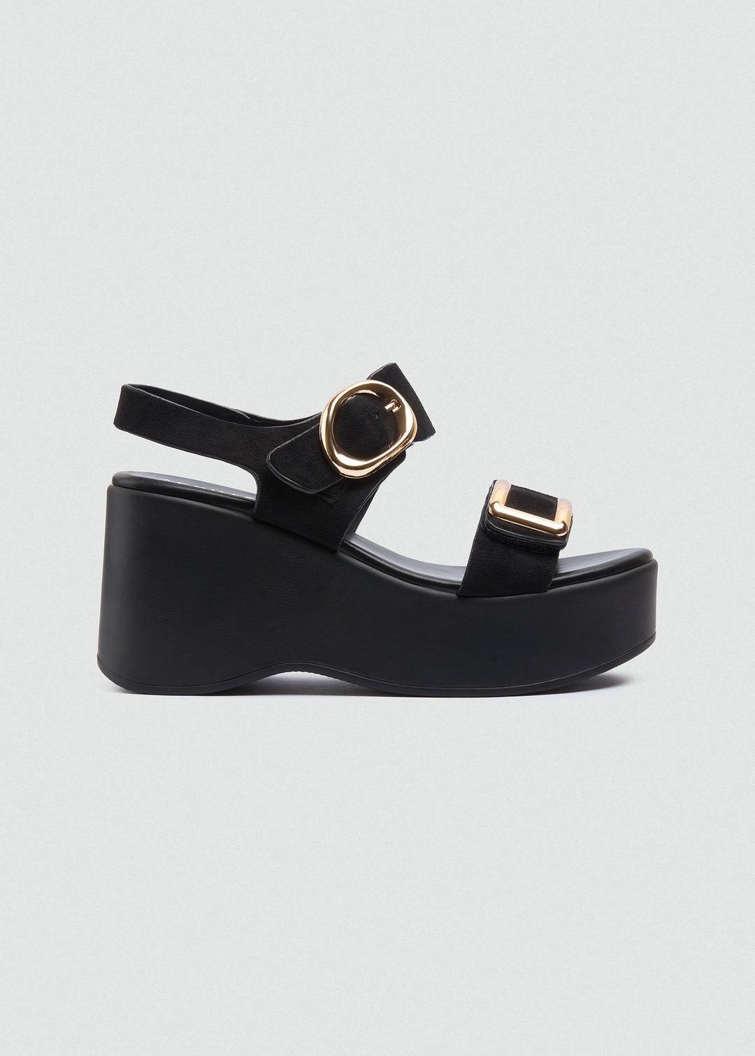 Suede Wedge Dual Gold Buckles - Black