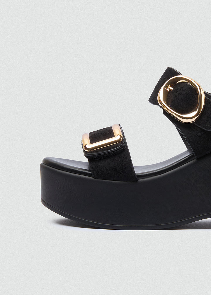 Suede Wedge Dual Gold Buckles - Black