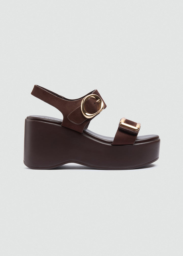 Suede Wedge Dual Gold Buckles - Brown