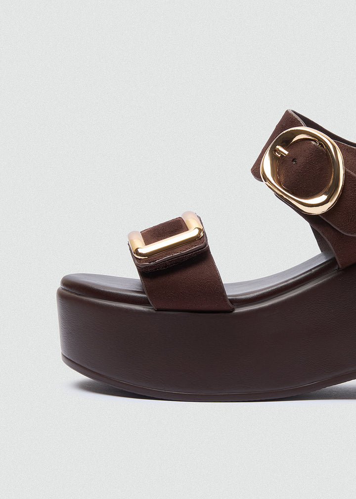 Suede Wedge Dual Gold Buckles - Brown