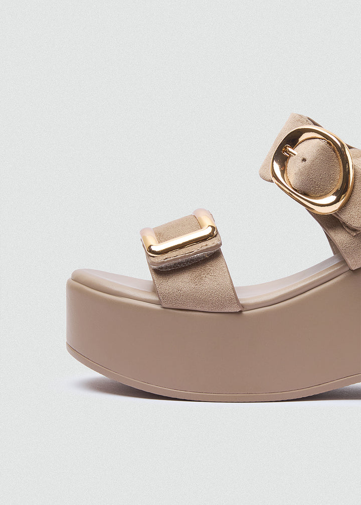 Suede Wedge Dual Gold Buckles - Café