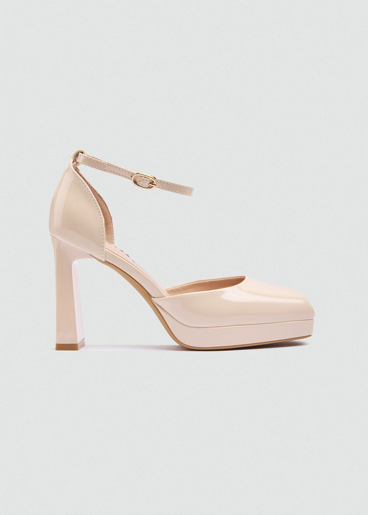 Round Toe Platform Ankle Strap Pumps - Beige