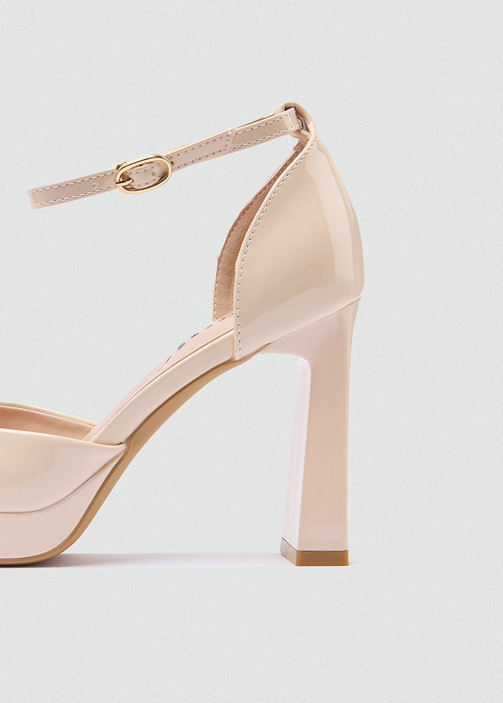 Round Toe Platform Ankle Strap Pumps - Beige