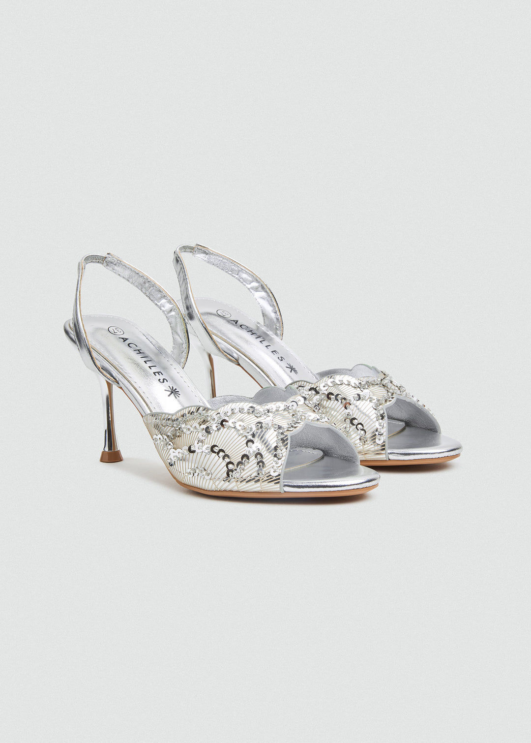Beaded Lattice Slip-On Heeled Sandals - Silver