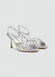 Beaded Lattice Slip-On Heeled Sandals - Silver