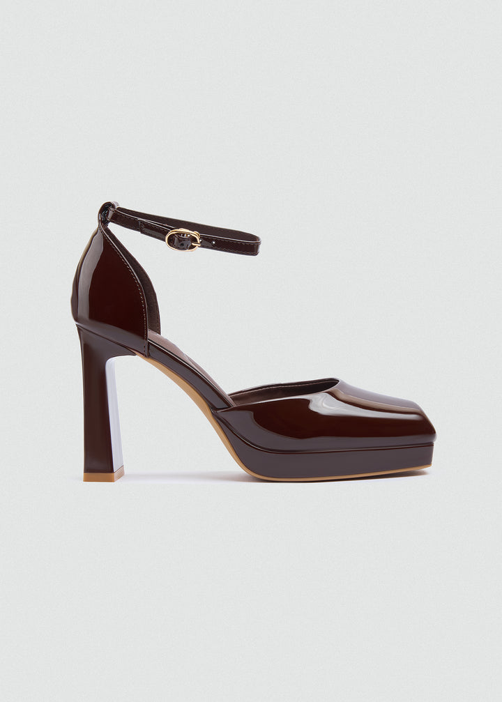 Round Toe Platform Ankle Strap Pumps - Brown