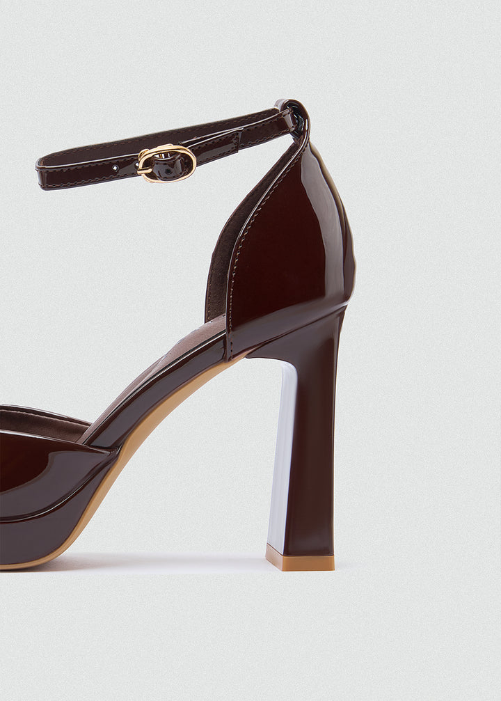 Round Toe Platform Ankle Strap Pumps - Brown