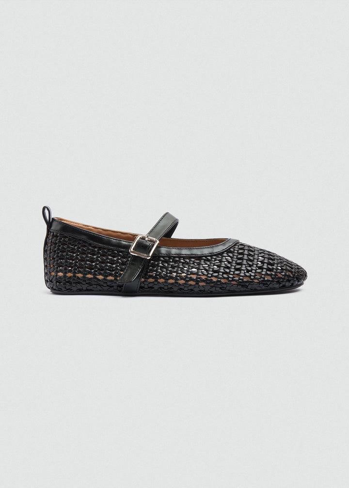 Woven Basket Mary Jane Flats - Black