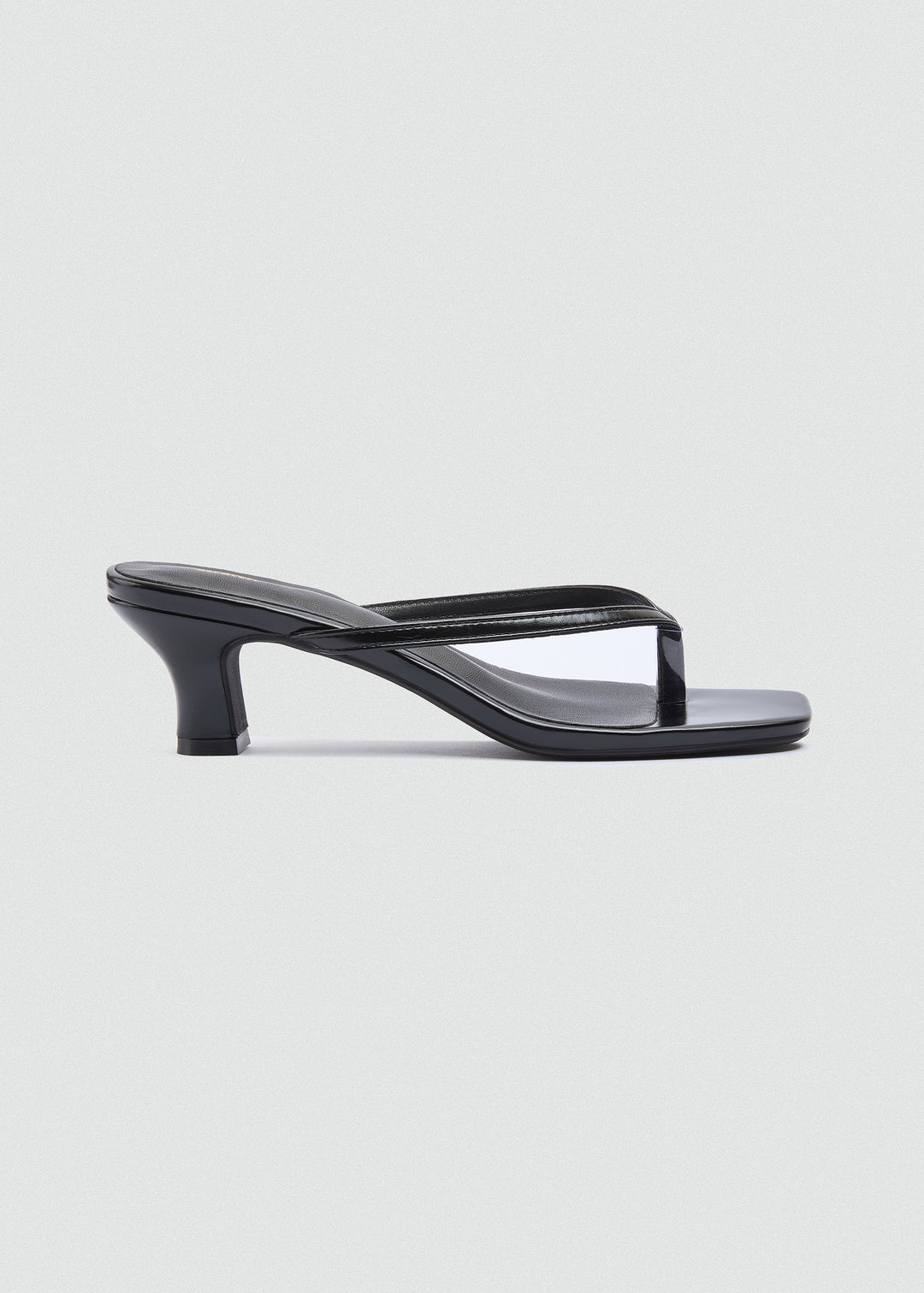 Square Toe Thong Heeled Mules - Black