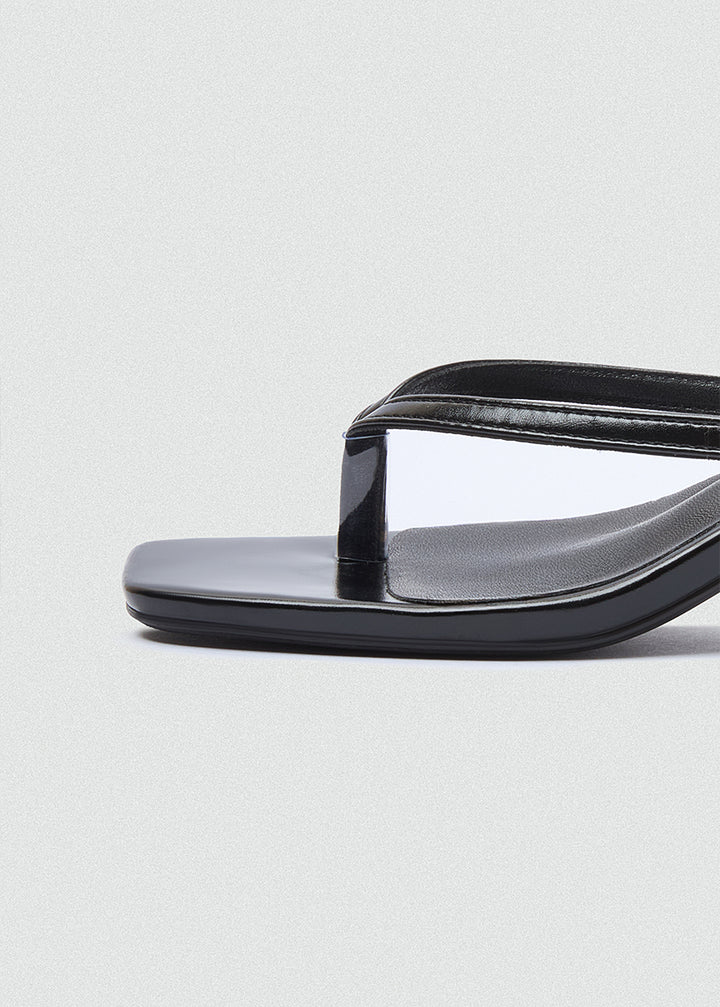 Square Toe Thong Heeled Mules - Black