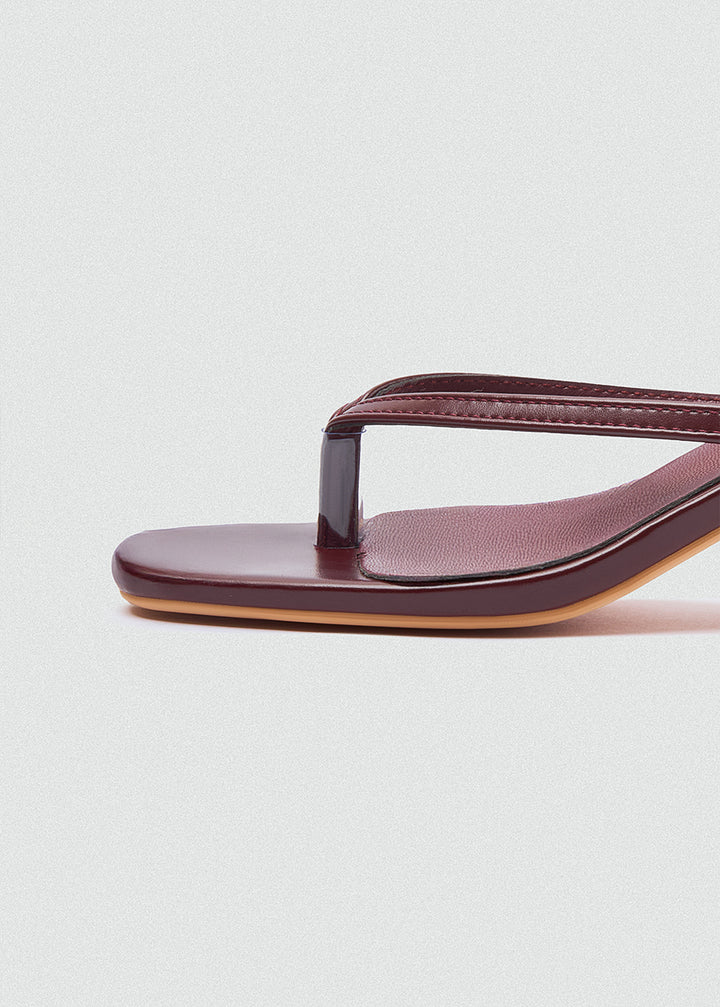 Square Toe Thong Heeled Mules - Maroon