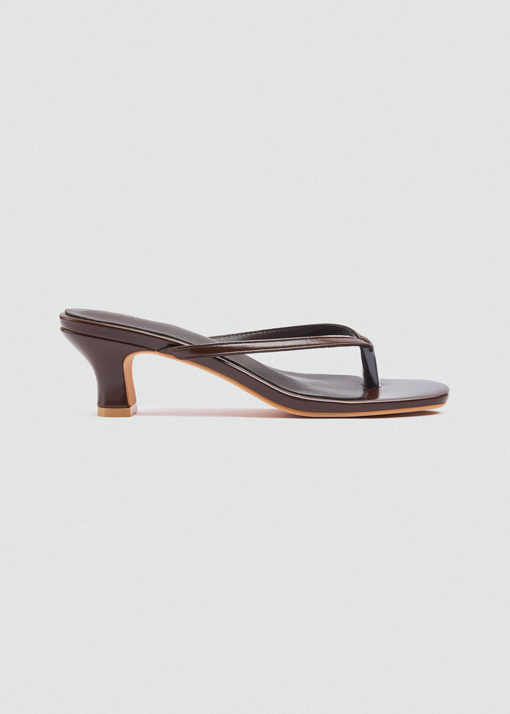 Square Toe Thong Heeled Mules - Brown