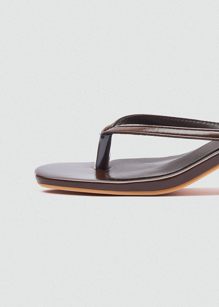 Square Toe Thong Heeled Mules - Brown