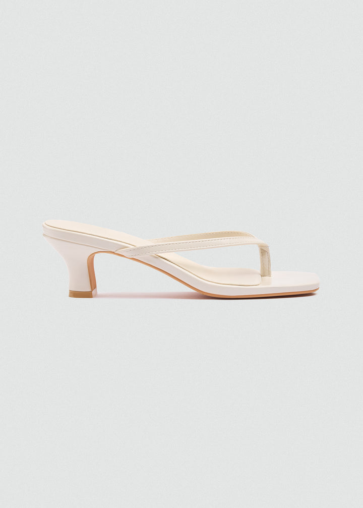 Square Toe Thong Heeled Mules - Beige