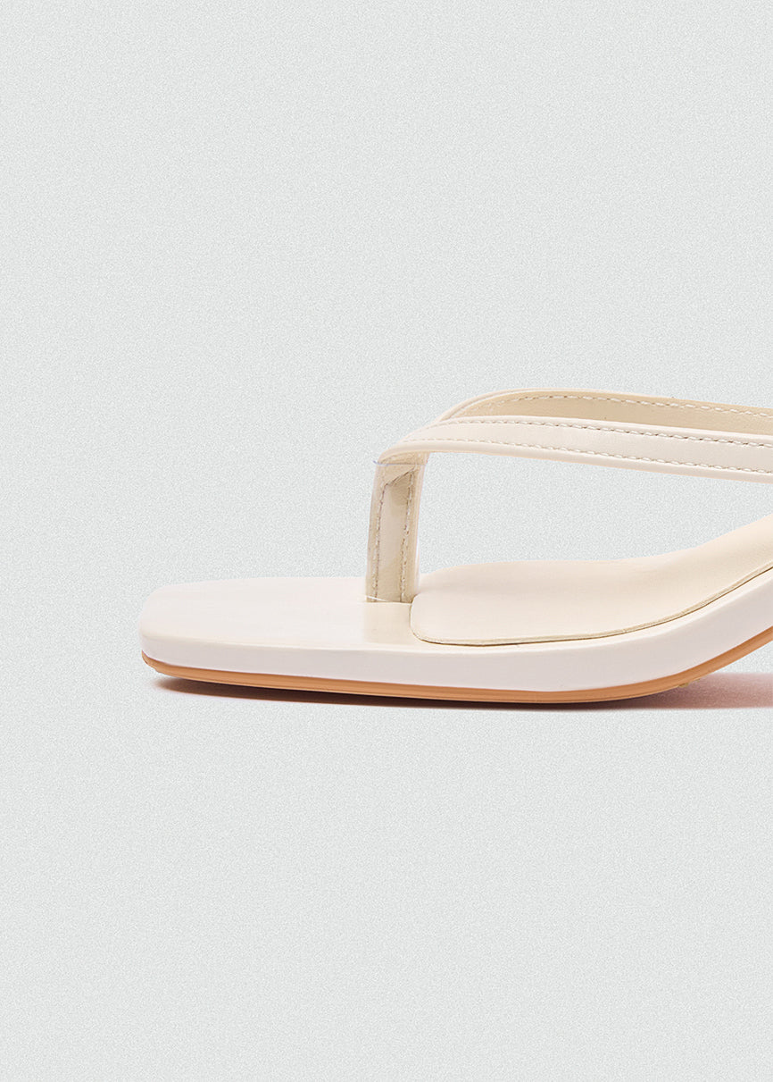 Square Toe Thong Heeled Mules - Beige