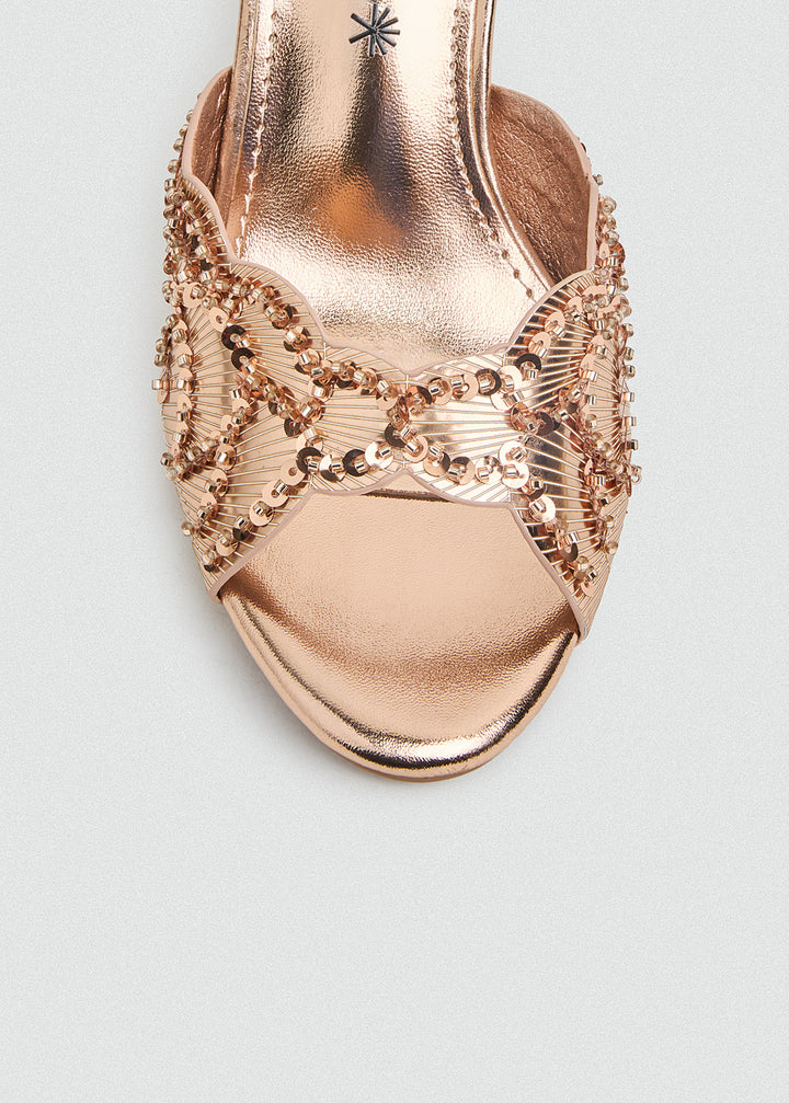 Beaded Lattice Slip-On Heeled Sandals - Rose Gold