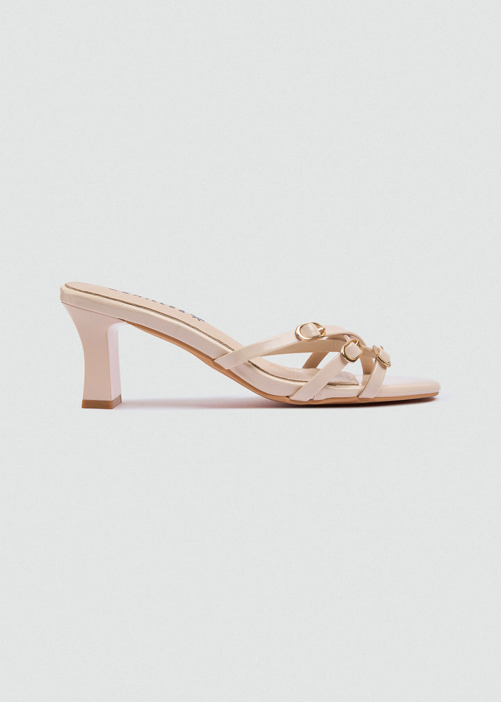 Strappy Mule Heels Gold Buckle - Beige