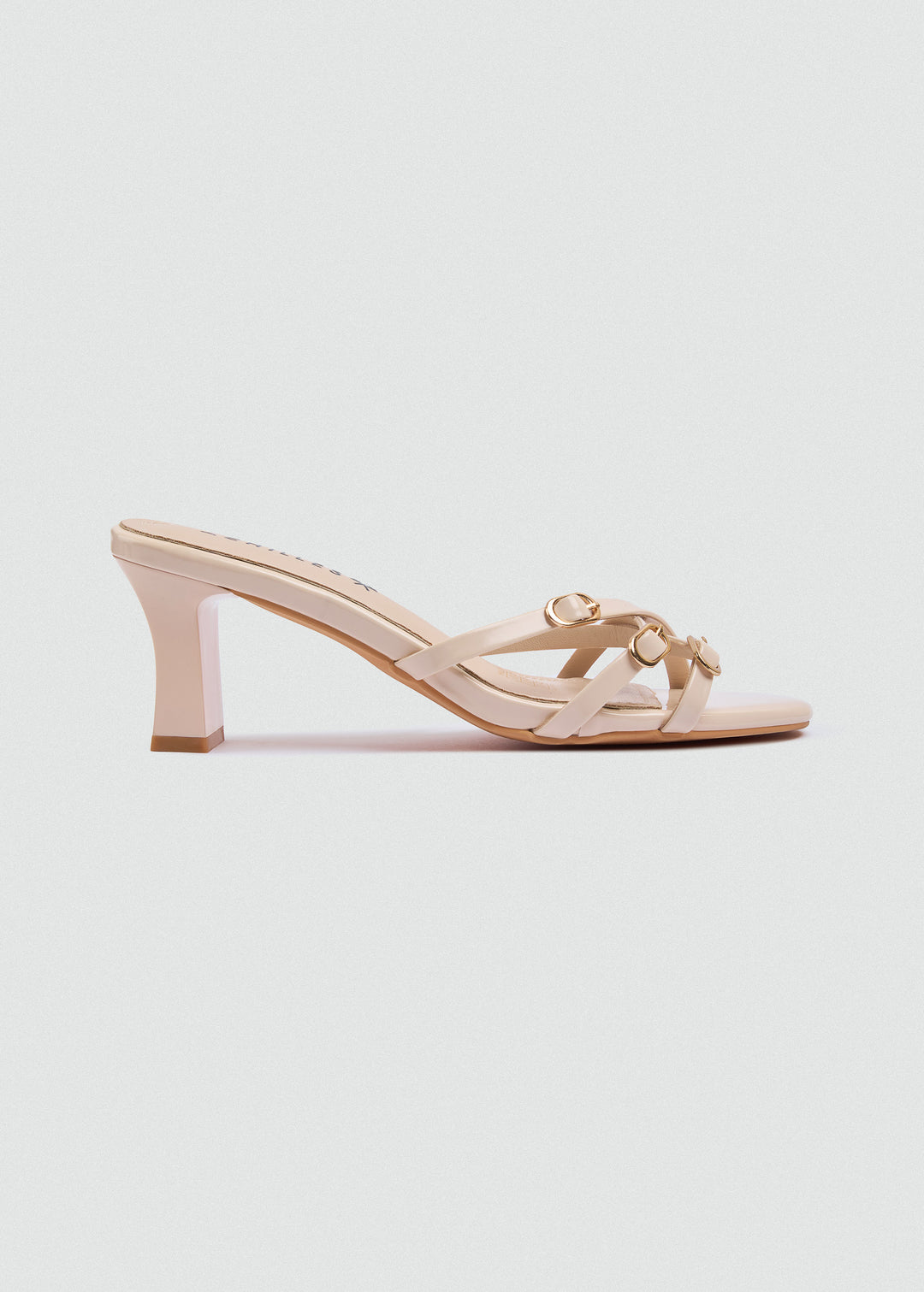 Strappy Mule Heels Gold Buckle - Beige
