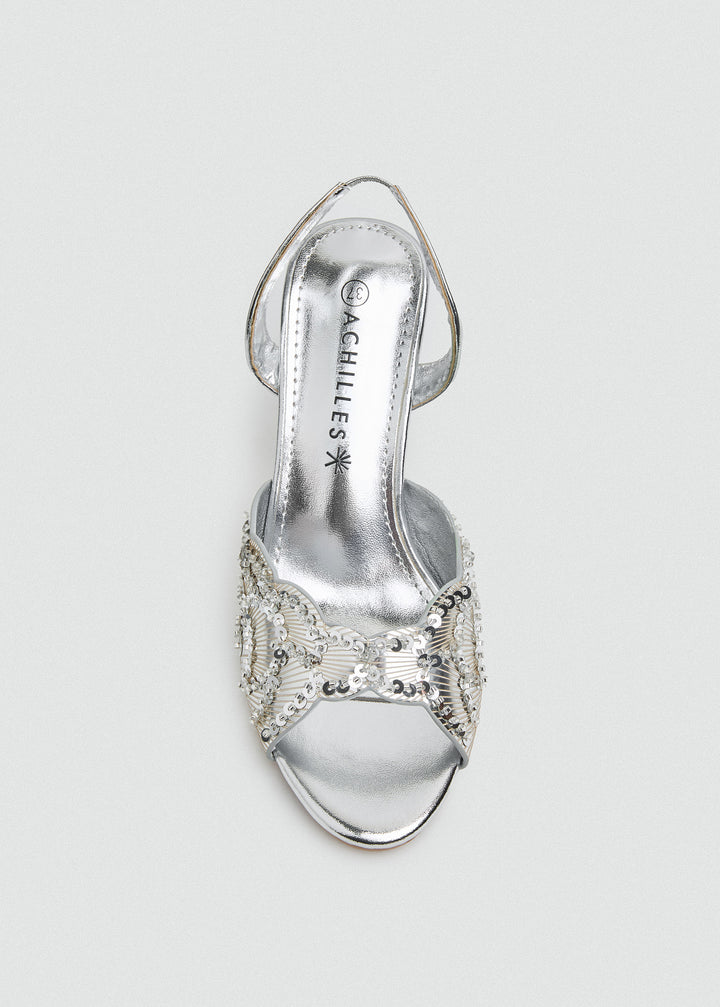 Beaded Lattice Slip-On Heeled Sandals - Silver