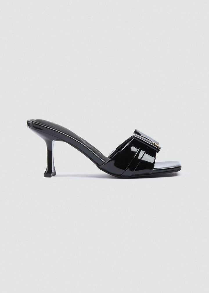 Patent Bow Heeled Mules - Black