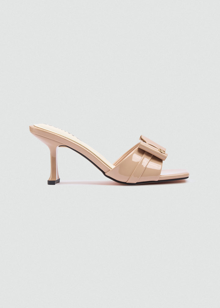 Patent Bow Heeled Mules - Beige