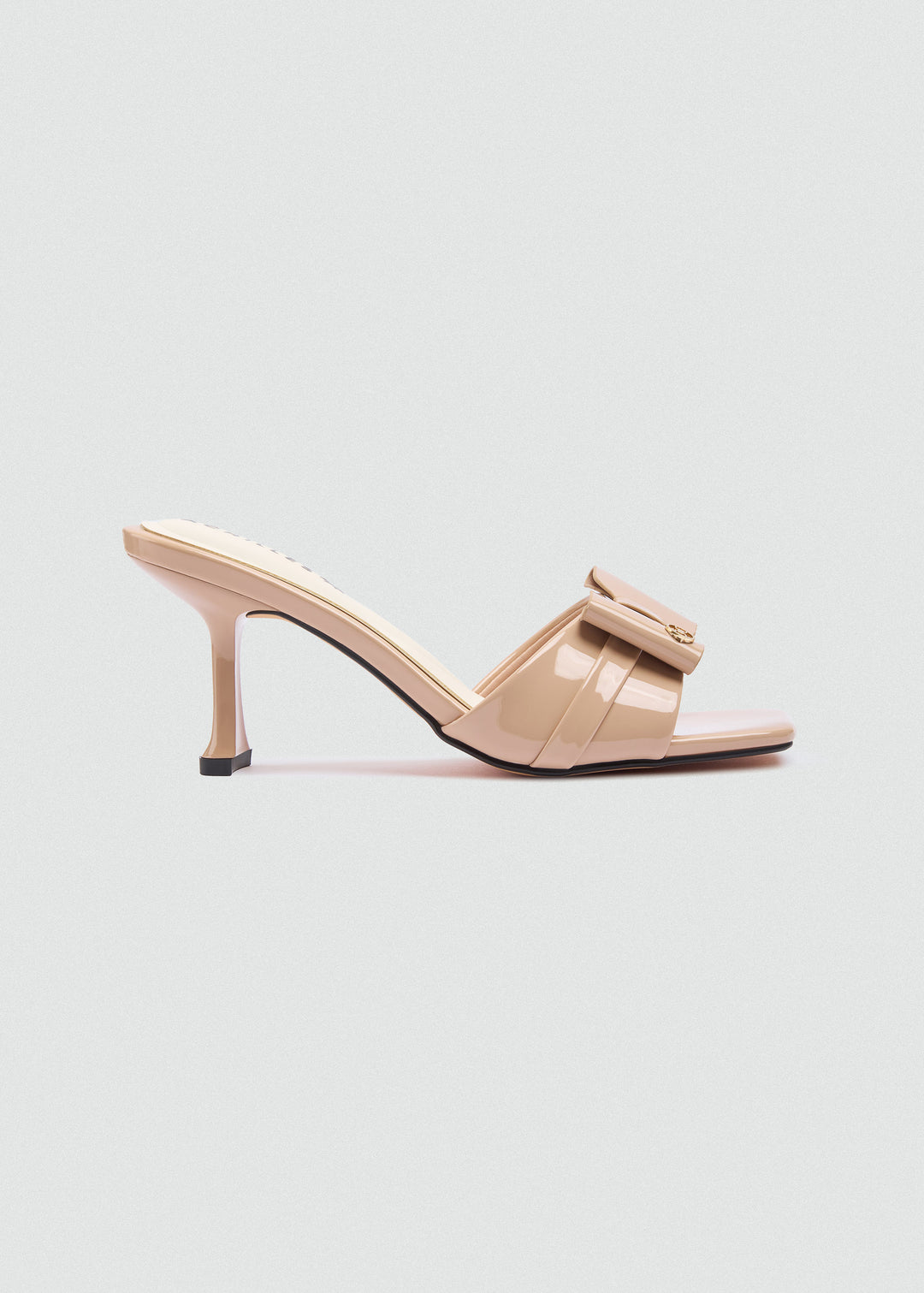 Patent Bow Heeled Mules - Beige