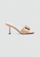 Patent Bow Heeled Mules - Beige