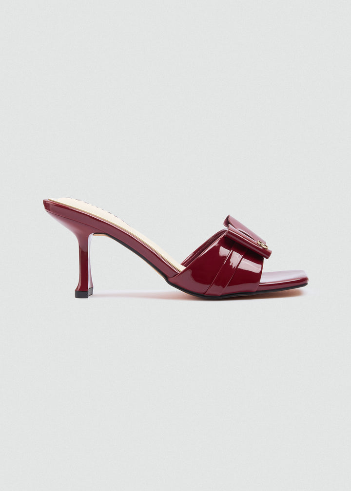 Patent Bow Heeled Mules - Maroon