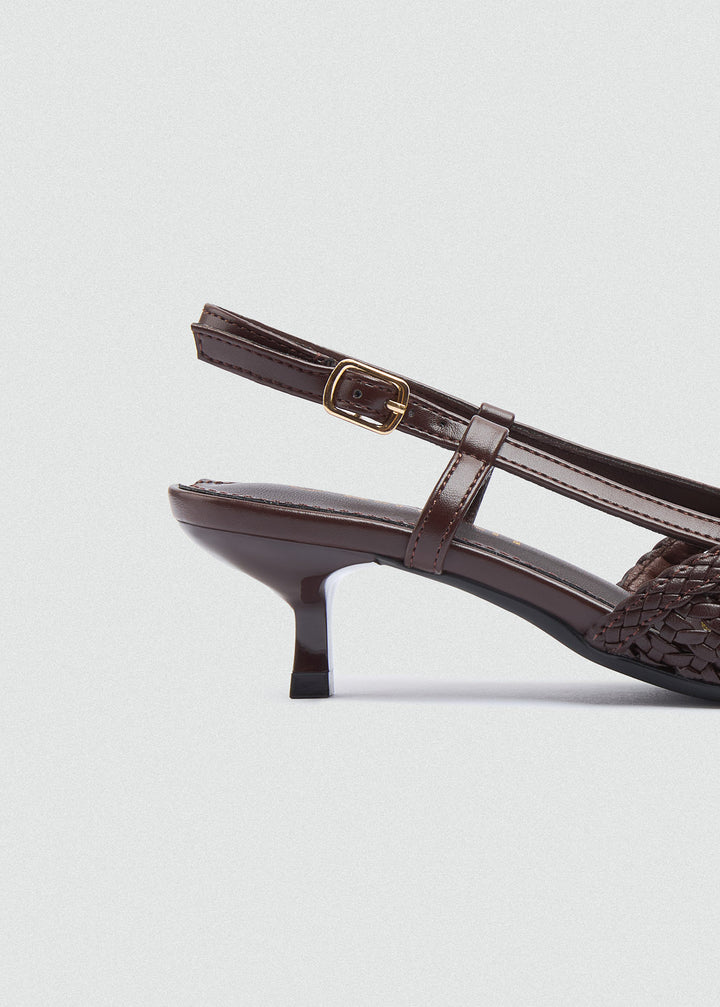 Woven Slingback Kitten Heels - Brown